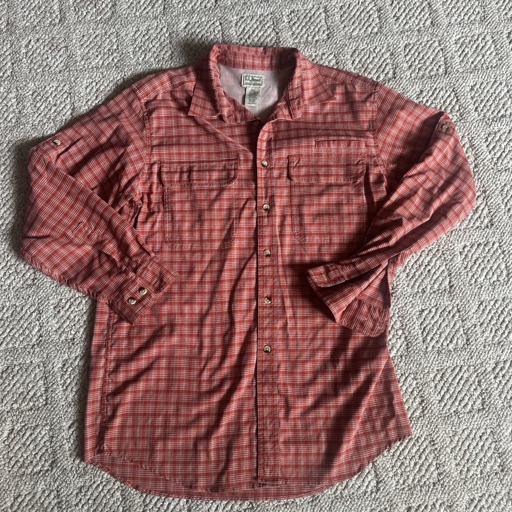 Mens LL Bean Cool Max Orange Plaid Fishing Vented Button Down Shirt Medium